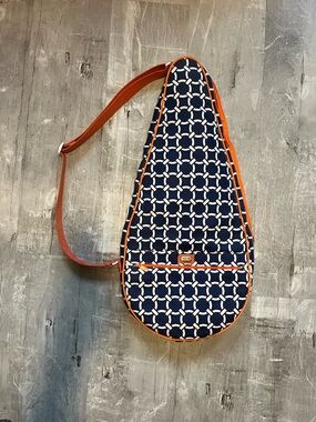AME & Lulu Navy Geometric tennis Sling Bag with Orange Trim